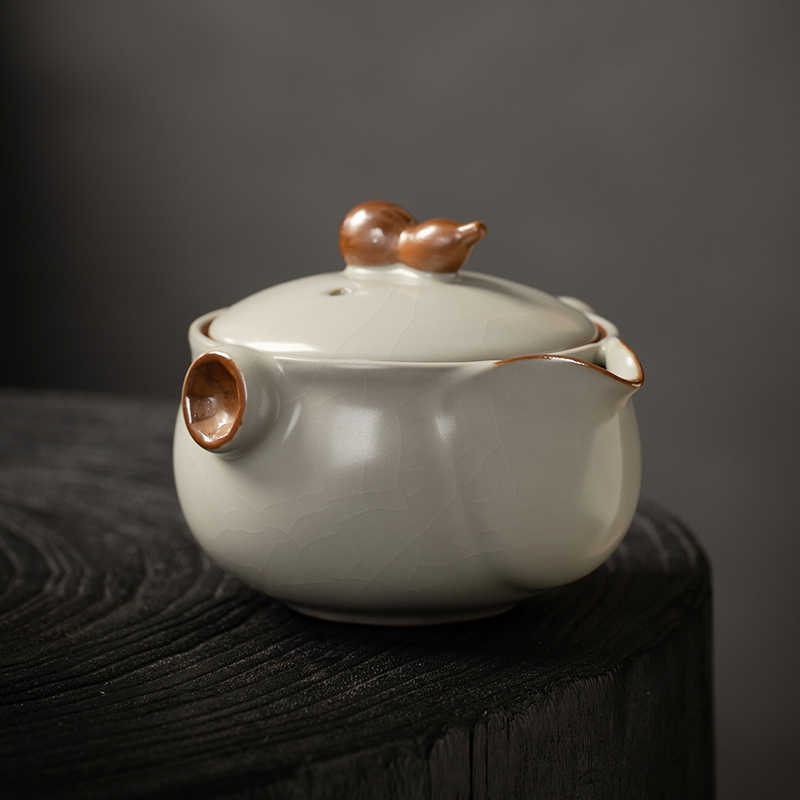 米黄汝窑茶壶单壶家用陶瓷功夫茶具泡茶器不烫手抓壶宝瓶葫芦盖碗