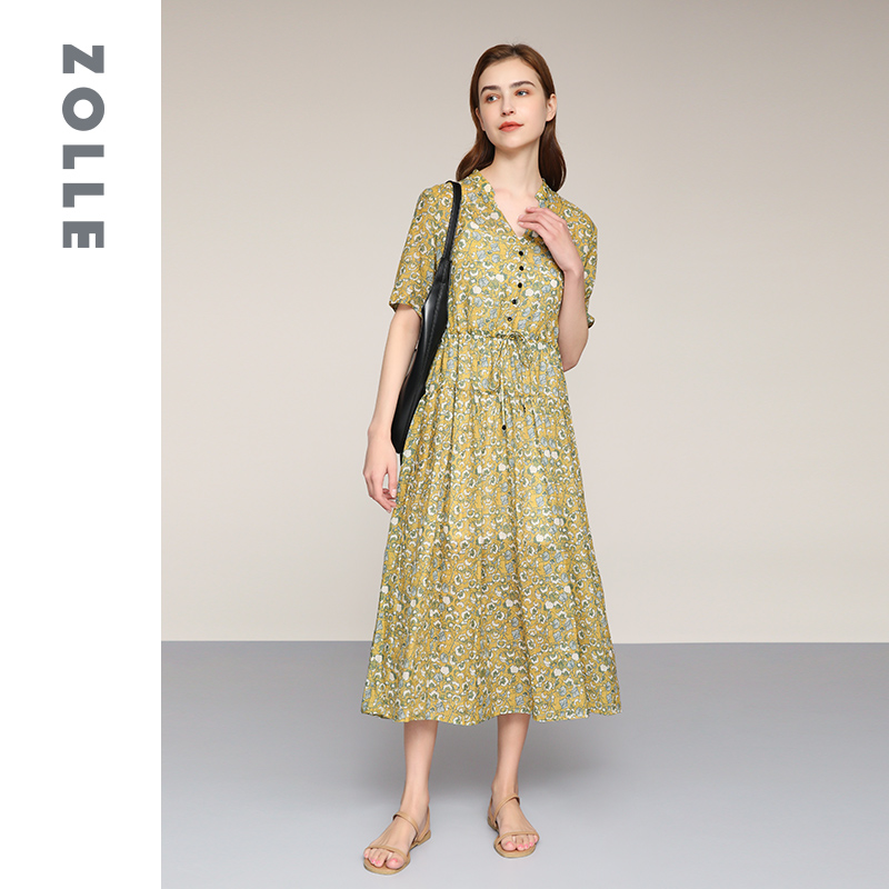 ZOLLE因为夏季新款V领显瘦短袖连衣裙中长款气质女裙子