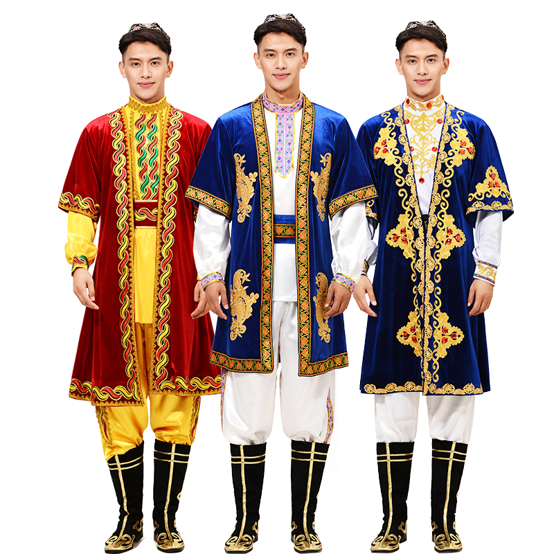 新款新疆舞蹈服装男蓝色少数民族舞蹈维吾尔族演出服饰舞台表演服