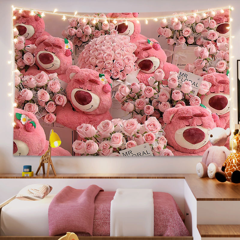 可爱卡通草莓熊女生女孩公主房间卧室床头装饰挂布出租房背景挂布