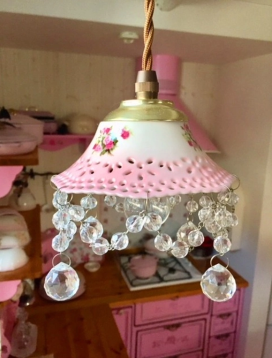 粉色蔷薇陶瓷玻璃吊灯复古唯美玄关吧台餐厅沙发边几床头小众吊灯