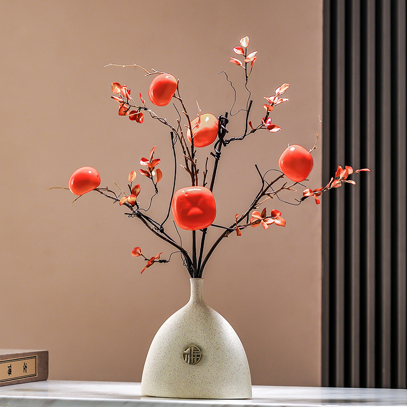 柿柿如意仿真柿子果实树枝花瓶摆件仿真花假绿植客厅插花装饰花器
