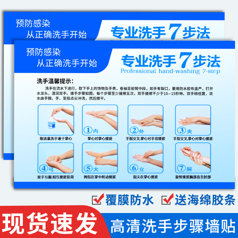 标准洗手七步法六步法标识牌幼儿园学校班级食堂医院诊所外科洗手间规范正确洗手消毒方法步骤图温馨提示牌子