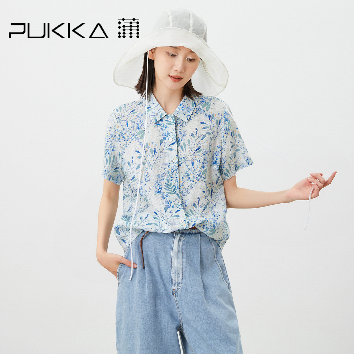 蒲PUKKA 原创设计夏季新品亚麻清新印花H型短袖衬衫