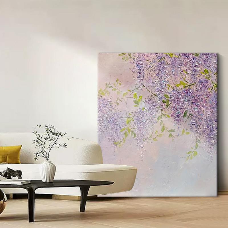 紫罗兰花朵纯手绘油画无边框砂岩紫色花卉装饰画客厅玄关肌理挂画