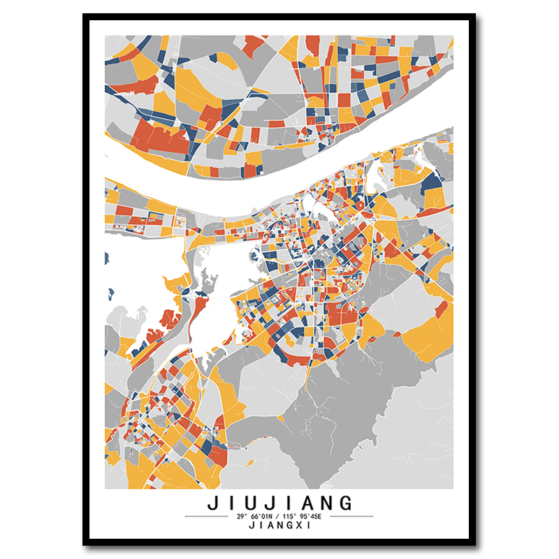 江西九江市原创创意抽象艺术城市地图挂画色块北欧客厅背景装饰画