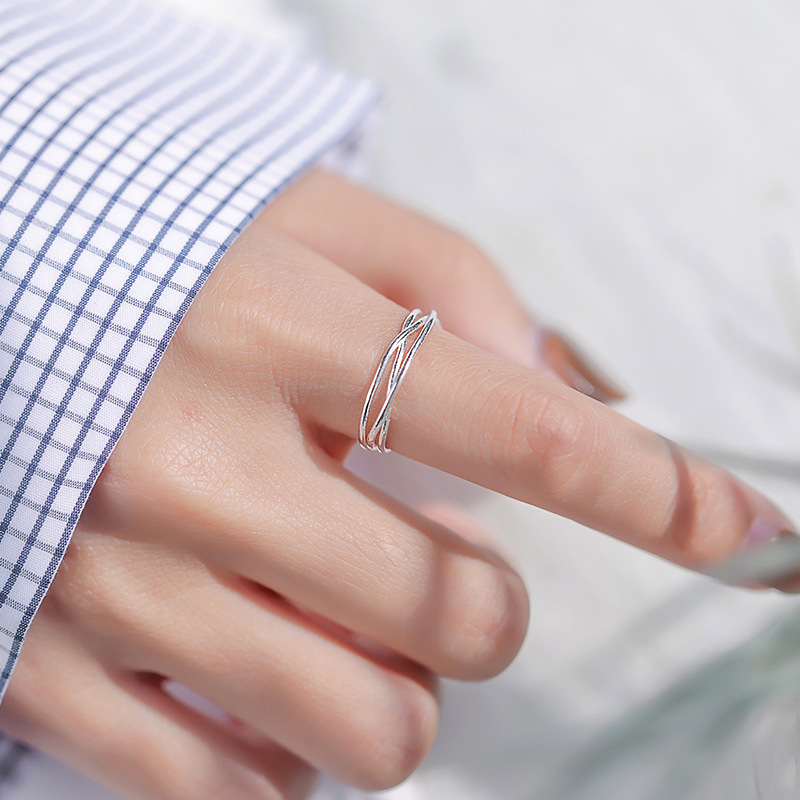线条交叉开口戒指简约个性纯银食指戒子韩版女时尚小众网红首饰品