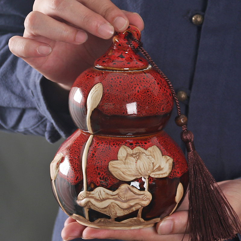 红龙葫芦茶叶罐陶瓷密封罐大号双层普洱茶盒半斤装存储罐家用茶罐