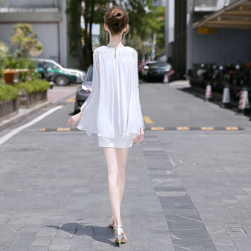 设计师款女装小众2024夏季新款白色裙子显瘦蝙蝠袖气质雪纺连衣裙