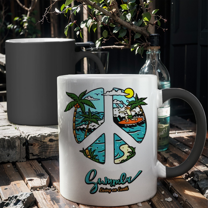 个性创意海滩风景户外旅游卡通茶杯咖啡陶瓷变色杯马克杯定制