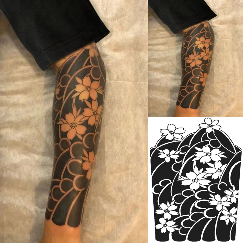 日式老传统樱花臂草本纹身贴黑臂男女社会果汁半永久小腿可洗
