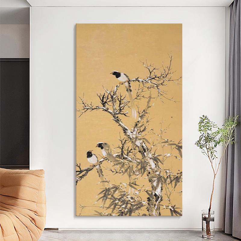 新中式喜上眉梢客厅装饰画大师名国画喜鹊纯手绘油画动物茶室挂画