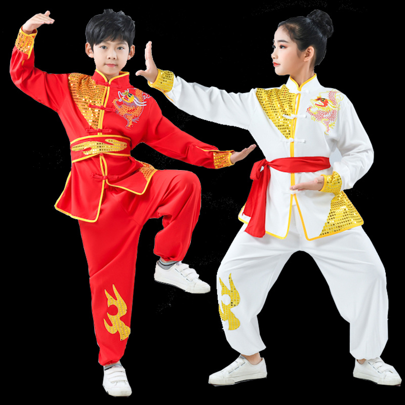 男孩武术表演服女童小孩训练服龙的传人舞龙古风队服少年志演出服
