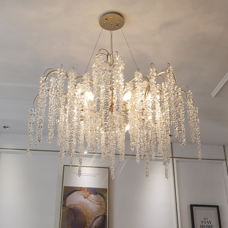 圆形美式创意简约客厅灯个性法式香槟色黄铜餐厅卧室水晶流苏吊灯