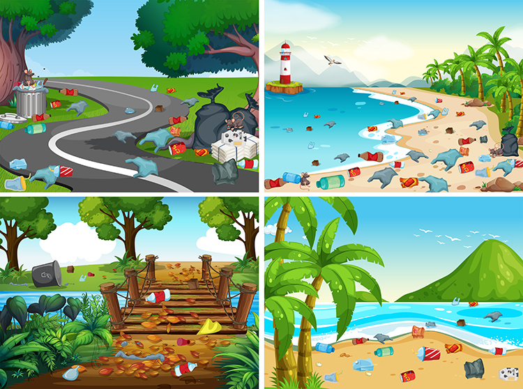 环境污染海报 公共场所海洋大自然垃圾插画 AI格式矢量设计素材
