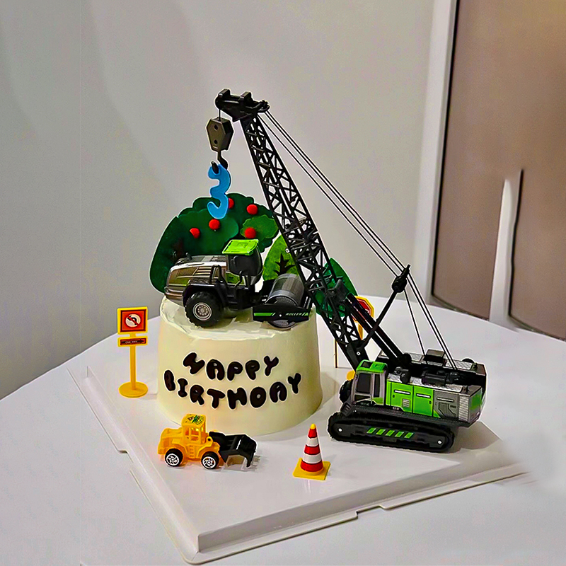 卡通儿童生日压路机吊车蛋糕装饰摆件绿色工程吊机挖掘机烘焙装扮