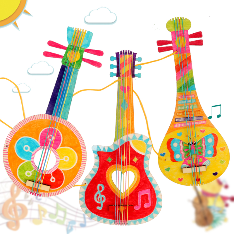 儿童手工diy彩绘涂鸦白坯木制吉他幼儿园创意绘画美术乐器材料包