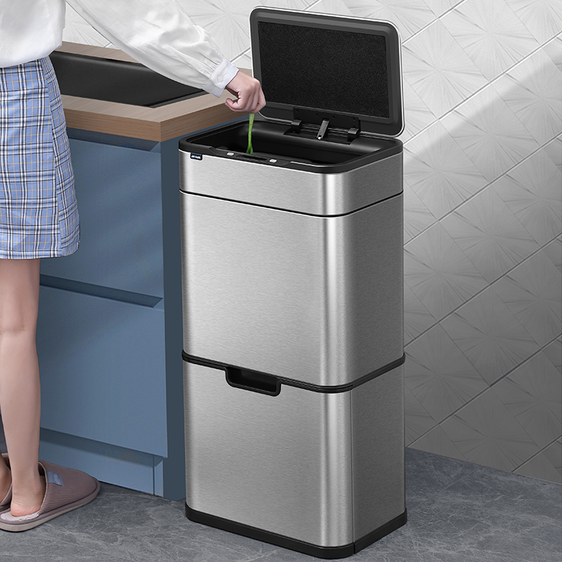 厨房分类垃圾桶智能感应式家用轻奢不锈钢带盖大容量双层干湿分离