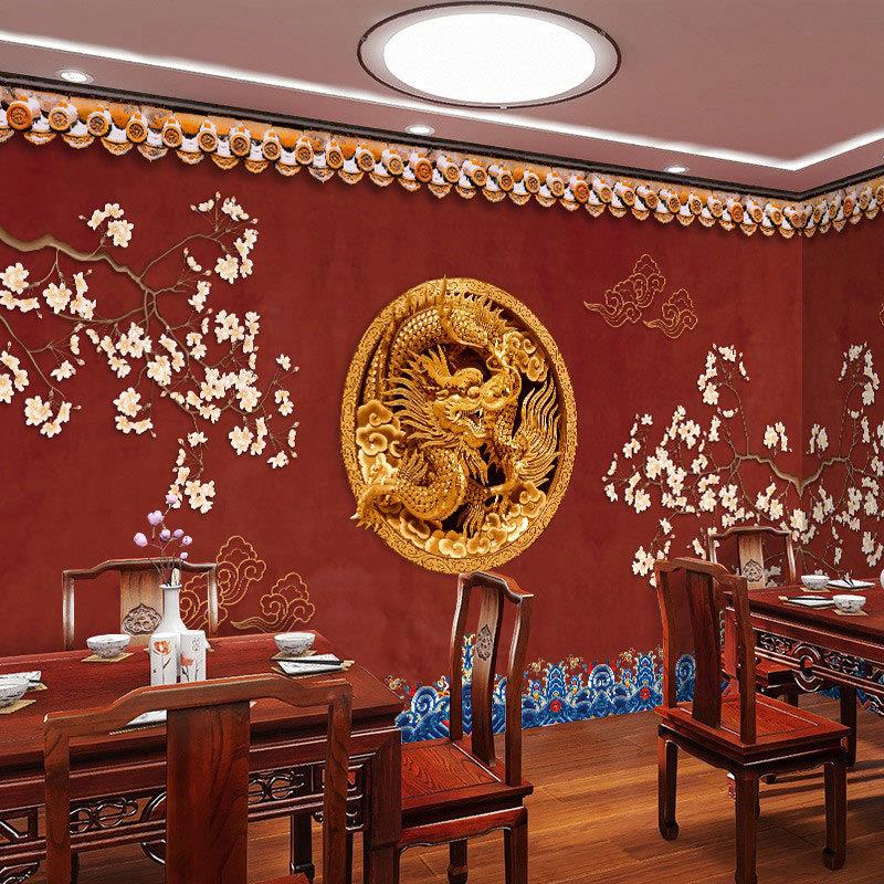 3D国潮火锅饭店装修壁纸复古中国风红色故宫壁画酒店包厢走廊墙纸
