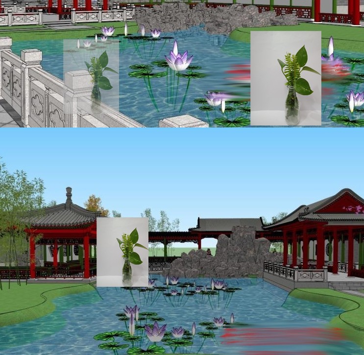 北方老北京中式风格度假村园林景观庭院长廊荷花池草图大师SU模型