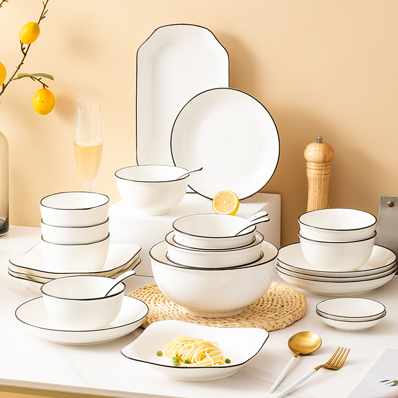 北欧黑线饭碗盘子个性组合餐具家用陶瓷精致面碗菜盘鱼盘碗碟套装