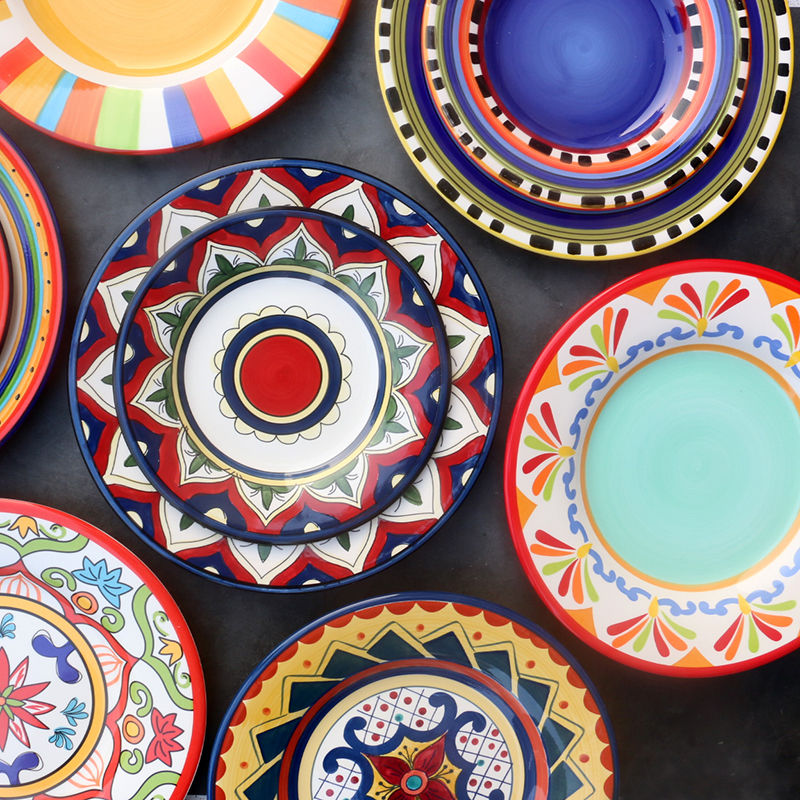 创意手工绘画彩色盘子家用陶瓷菜盘子碟子艺术装饰盘牛排大西餐盘
