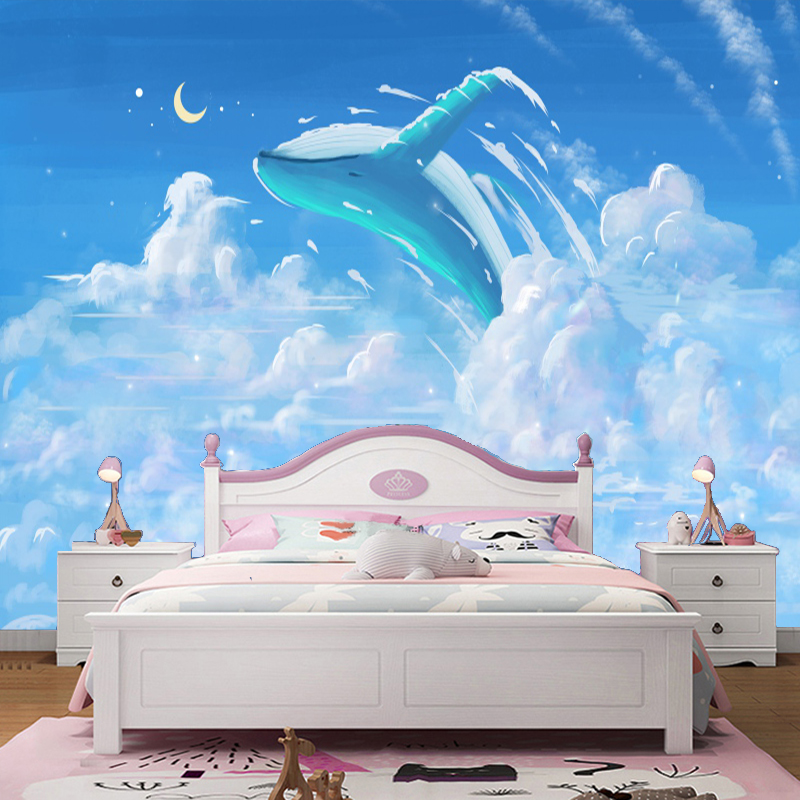 北欧海洋云朵鲸鱼海豚壁纸男女孩儿童房墙纸客厅卧室床头背景壁画