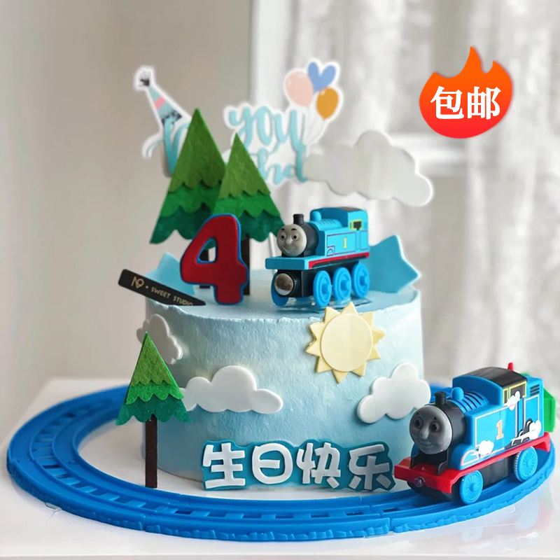 儿童节蛋糕装饰网红电动轨道蓝色小火车摆件创意生日派对烘焙插件