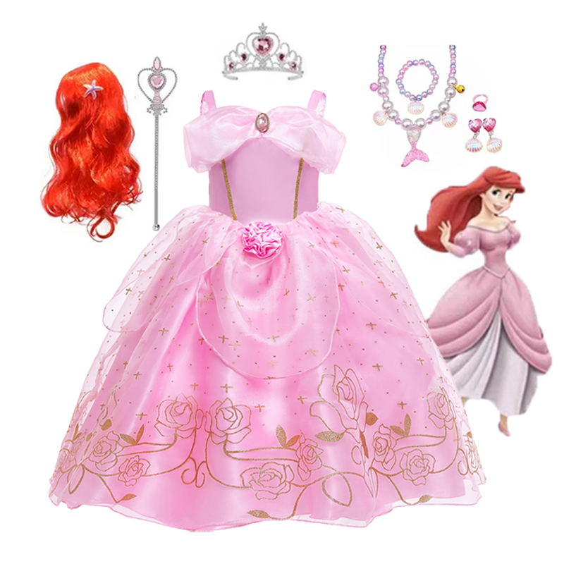 迪士尼粉色公主裙六一儿童演出服爱丽儿美人鱼吊带连衣裙女童夏季