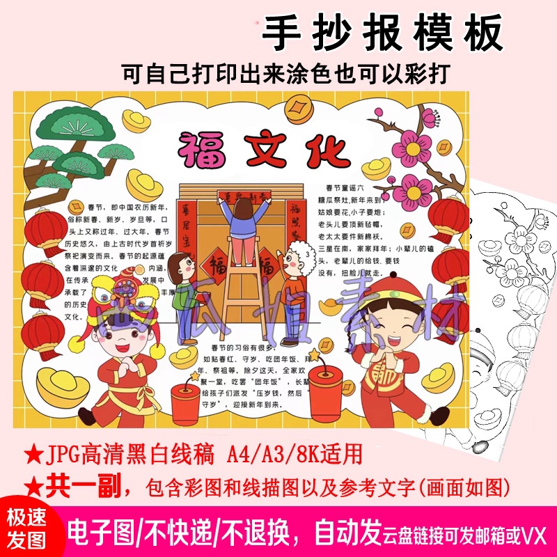 龙年春节知识福文化小报传统节日手抄报模板素材电子版简笔线稿小