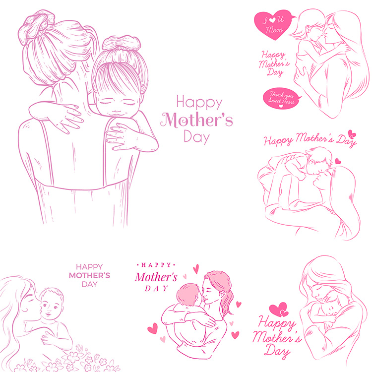 手绘母亲节海报 母子母女母爱温馨线稿插画 AI格式矢量设计素材