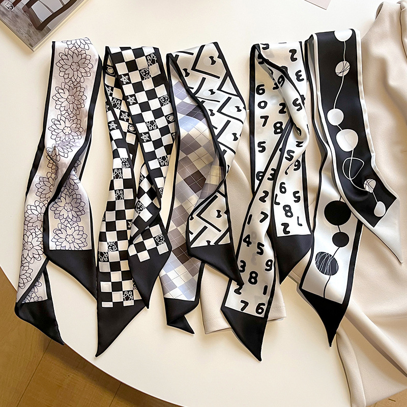 黑白系复古猫咪格子长条小丝巾女法式发带绑包丝带多功能装饰领巾