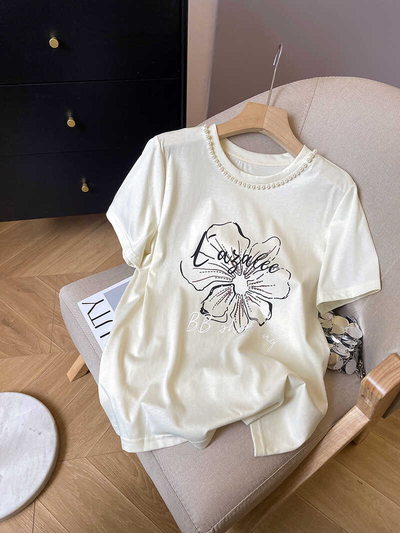 纯棉重工钉珠花朵图案字母短袖t恤女夏季新款设计感独特别致上衣