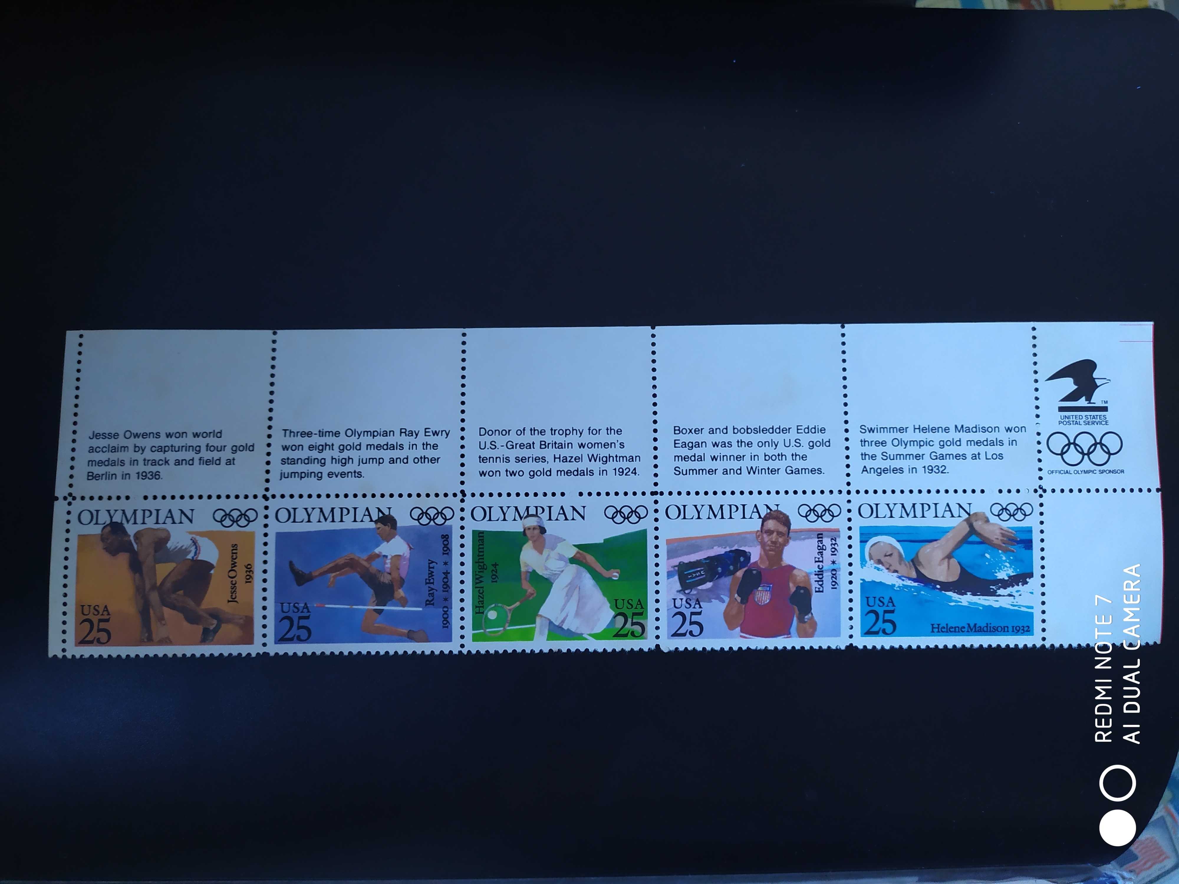 美国1992年奥会邮票5连新（背胶微黄）