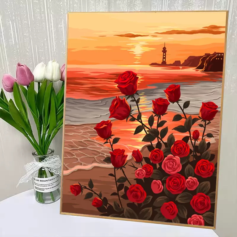 沙滩玫瑰diy数字油画填充花卉风景画治愈画画填色手绘丙烯油彩画