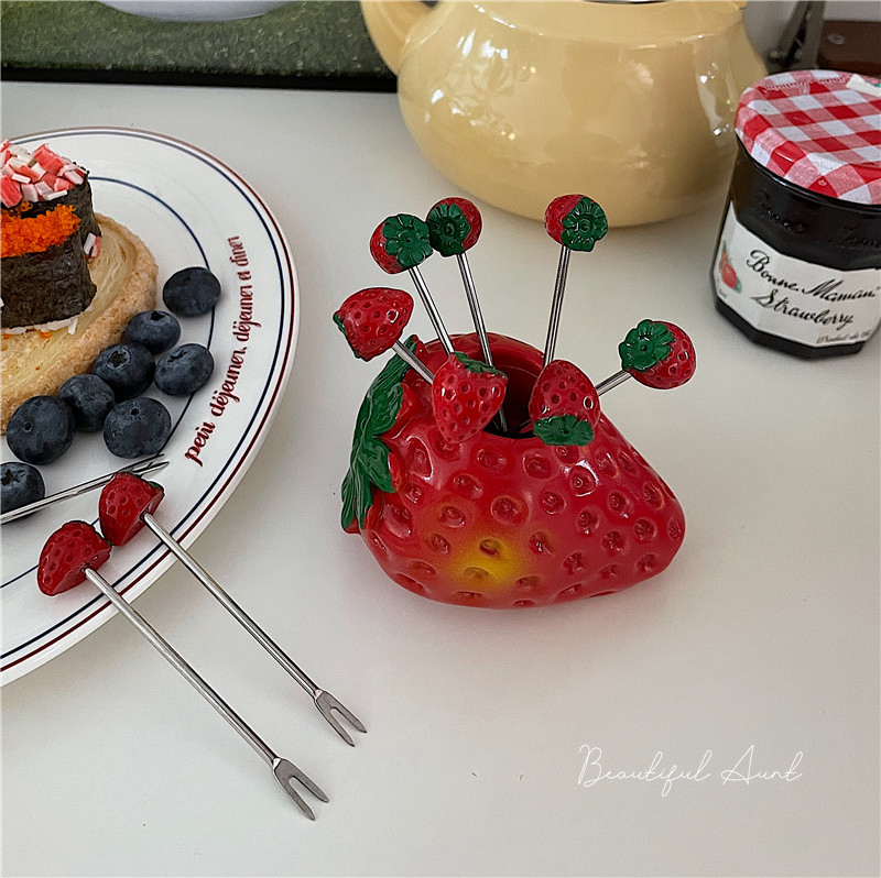 爱心水果叉不锈钢草莓造型家用客厅儿童可爱水果签蛋糕零食小叉子