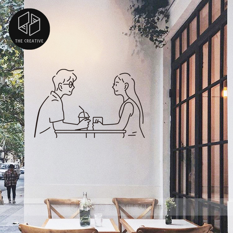 男生女生简笔画奶茶店咖啡馆酸奶吧玻璃橱窗墙面可定制贴纸