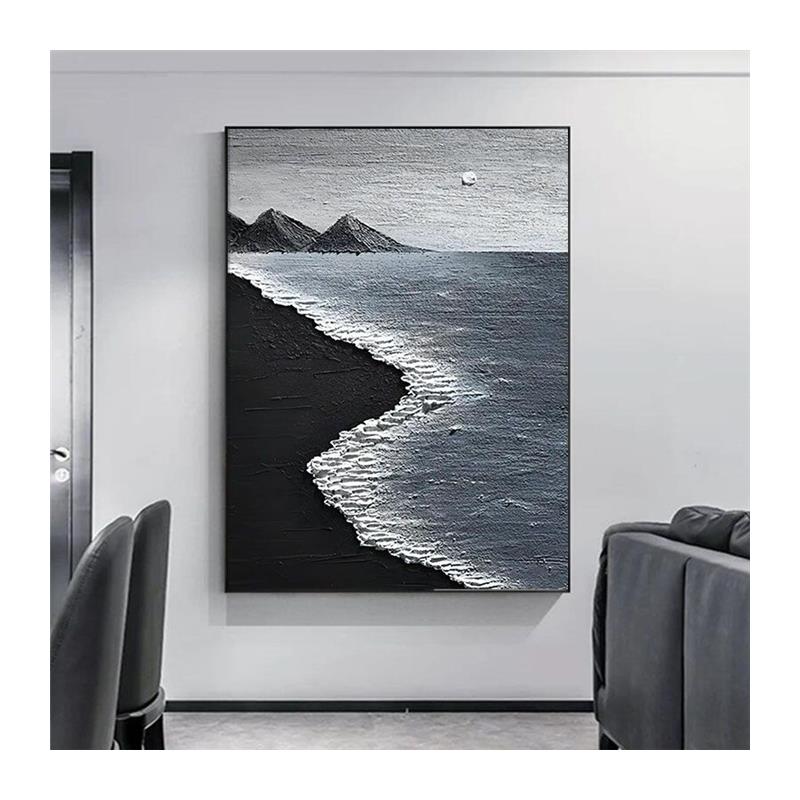 手绘油画黑白灰h客厅装饰画现代海景抽象玄关挂画丙烯石英砂肌理