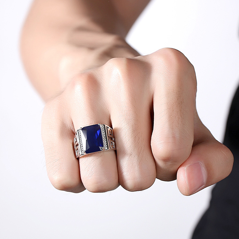 个性韩国复古925纯银方钻霸气欧美蓝宝石商务男士开口食指戒指环