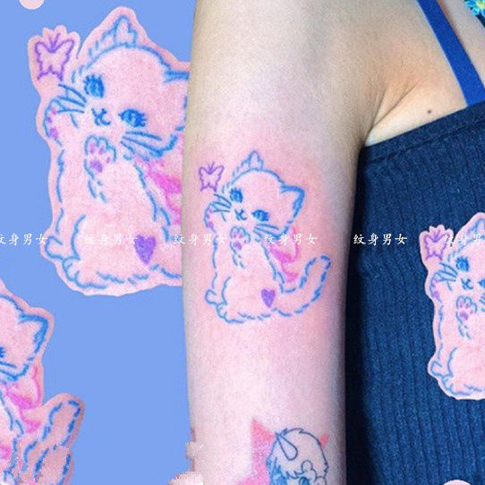 纹身贴小猫咪抓蝴蝶单线彩色超可爱幼稚园创意简笔画