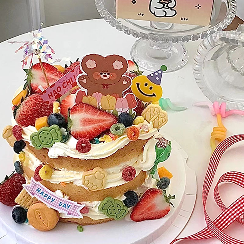 简约ins韩系裸蛋糕小帽子小熊插件装扮水果饼干鲜花摆件蛋糕烘焙
