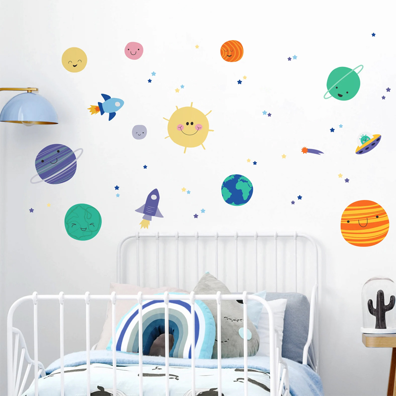 北欧ins水彩宇宙星空创意卡通儿童房卧室沙发客厅墙贴纸房间装饰