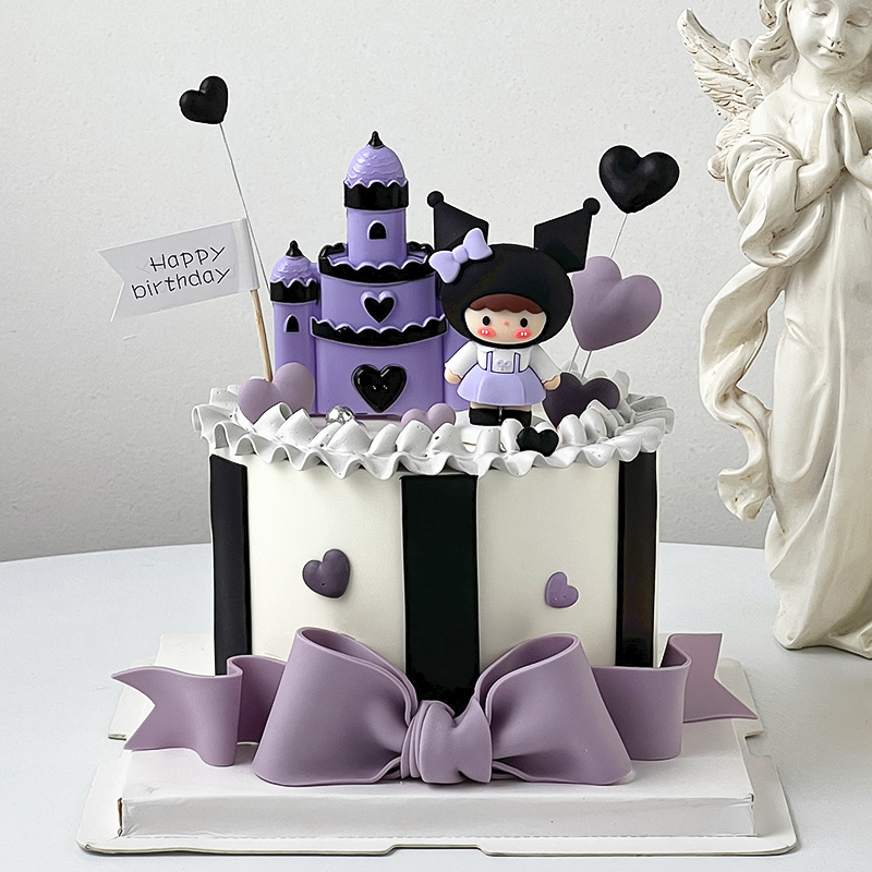 新款儿童周岁紫色背带裙库洛米生日蛋糕装饰卡通猫猫女孩城堡摆件
