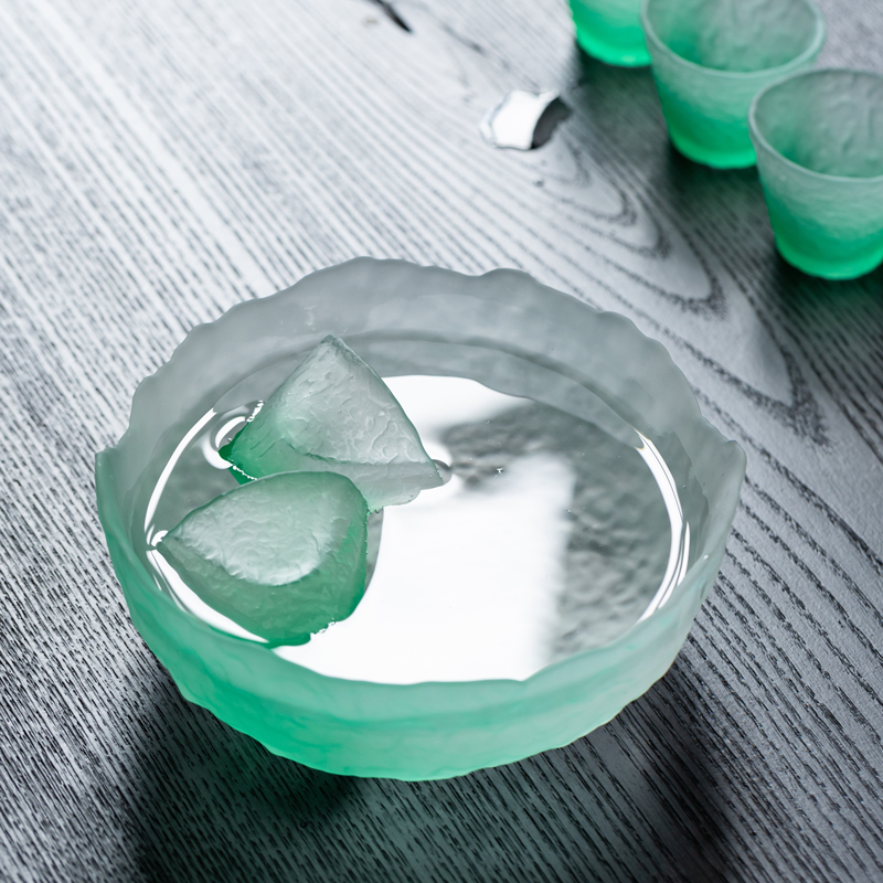 手工绿色冰岩纹理玻璃茶洗 透明现代水盂笔洗大号 功夫茶具配件