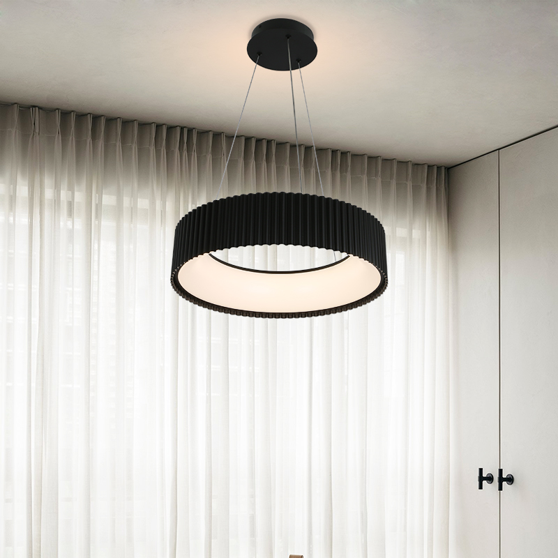 北欧风格创意简约现代餐厅吊灯黑色圆形波纹设计温馨智能卧室主灯
