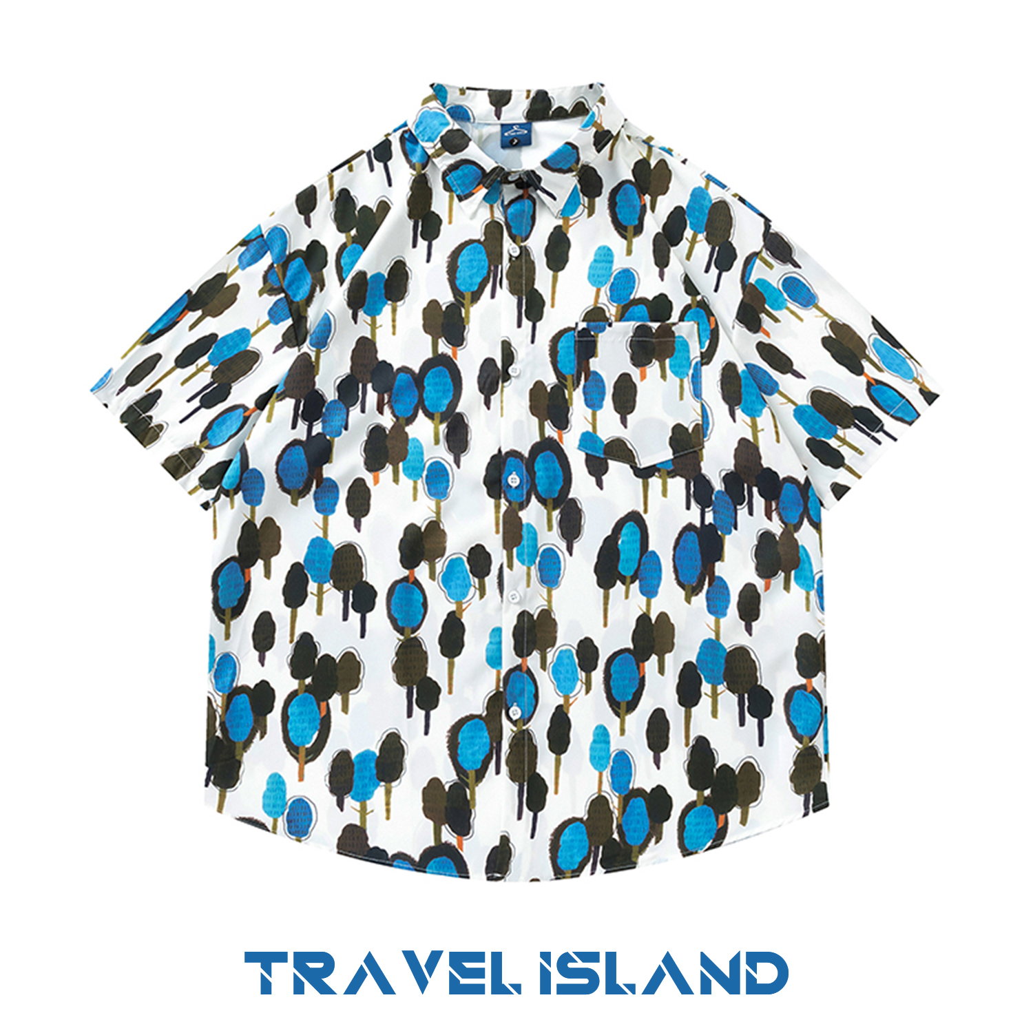 TRAVEL ISLAND 茂密丛林 日系复古设计感树林插画印花短袖衬衫ins