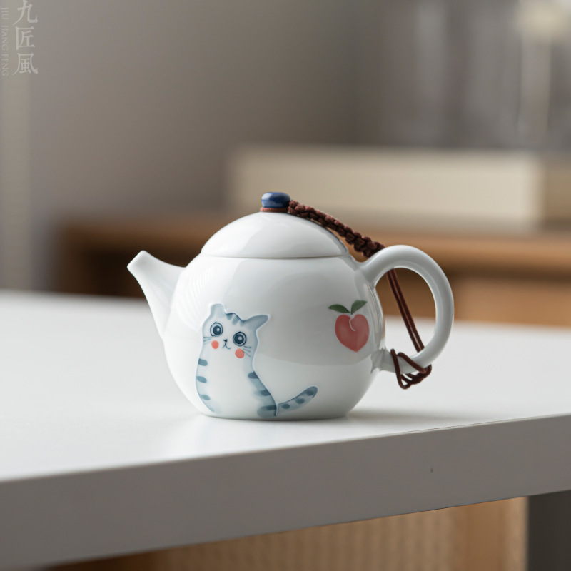 九匠风手绘猫咪茶壶单壶家用陶瓷泡茶壶中式简约带过滤孔功夫茶具