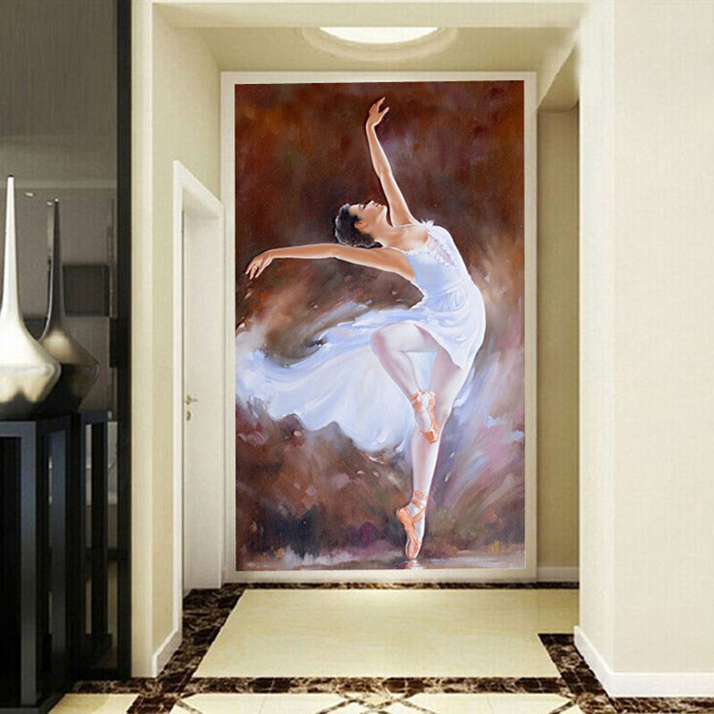 手绘抽象油画玄关壁画芭蕾舞女孩舞蹈墙纸过道壁纸怀旧无缝墙布3d