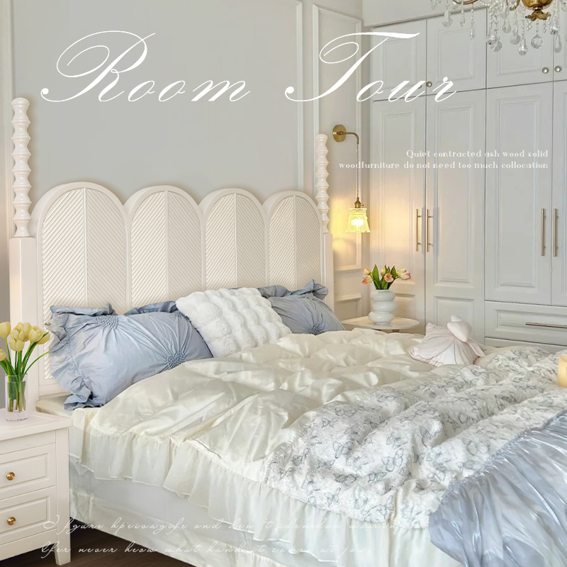 法式实木床白色奶油风雕花床公主床美式复古主卧室双人床轻奢简约