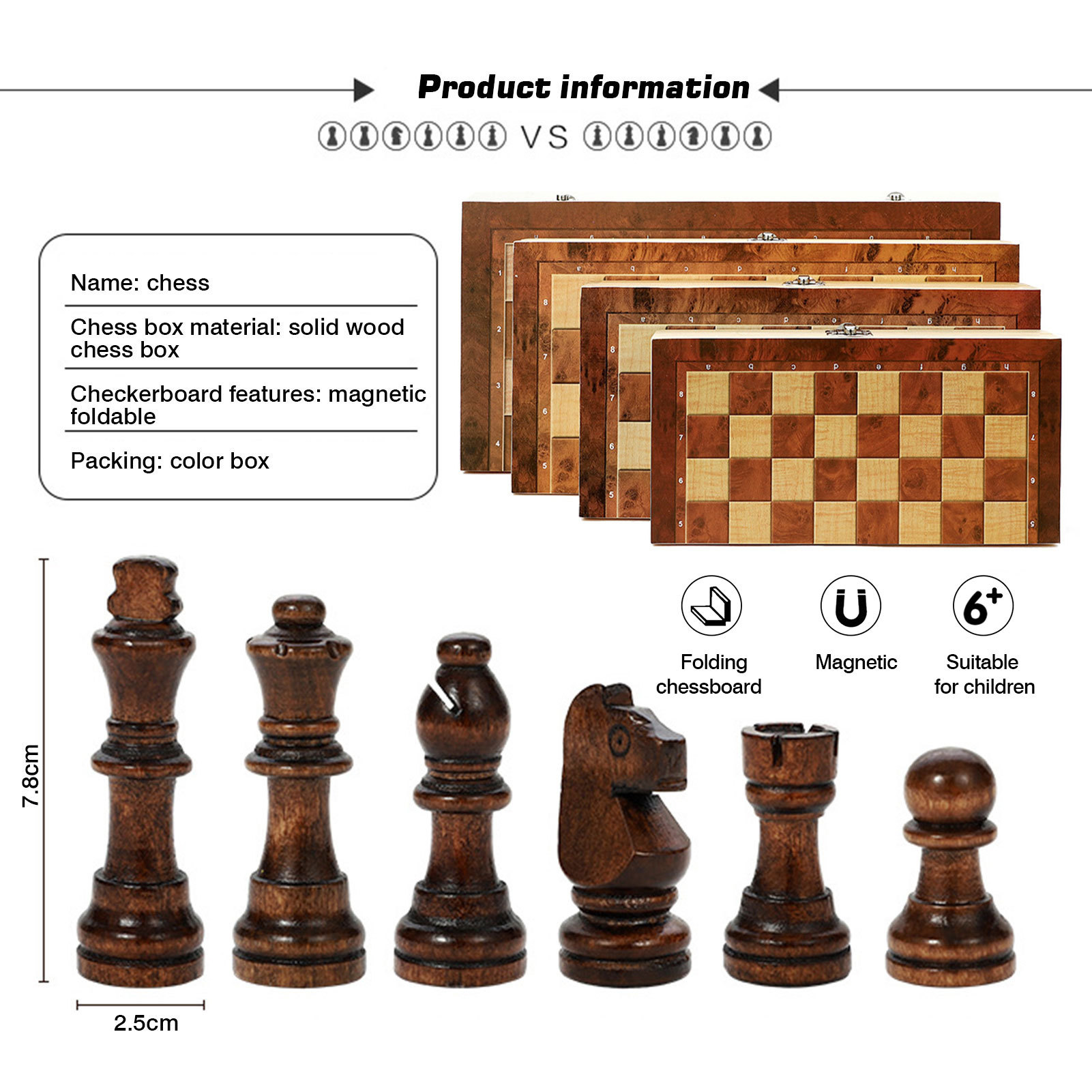 原木漆磁性可折叠木制国际象棋套装带内垫西洋棋盘赠送两个皇后